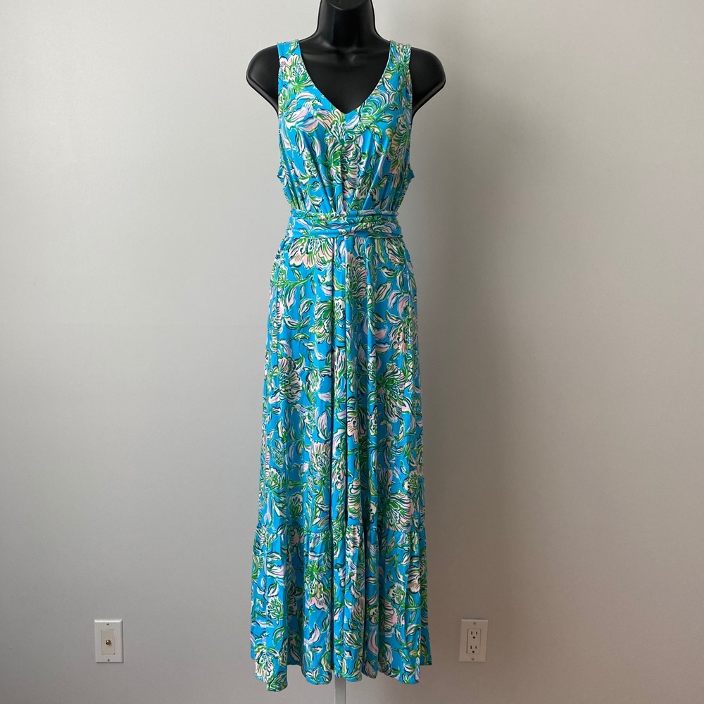 Lilly Pulitzer Cumulus Blue Chick Magnet Tropical Coastal Preppy Floral Dress L